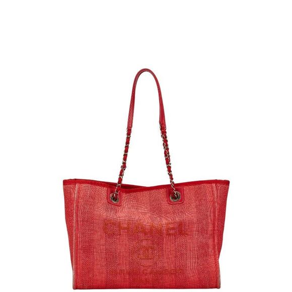 Chanel Deauville Tote MM Canvas Leather Red - Picture 1 of 6